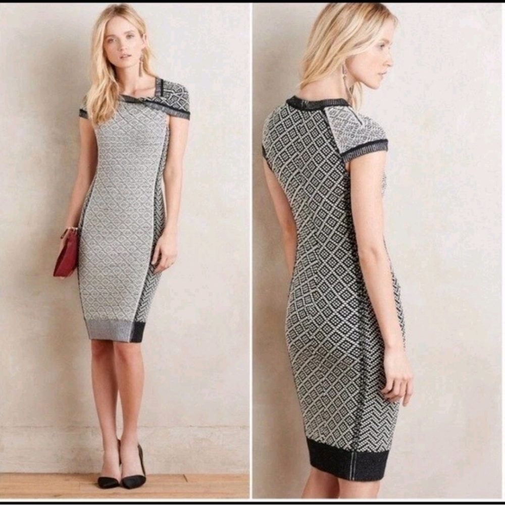 Reformation Textured Knit Pencil Midi Dress Foldover Shoulder Black White Size 6